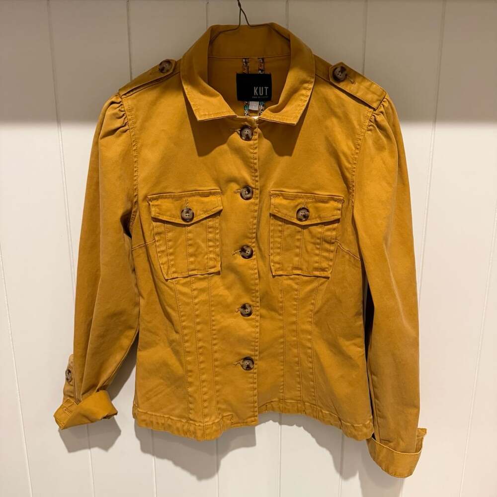 Kut from the Kloth Yellow Utility Jacket with Epaulets and Puff Sleeves Size S